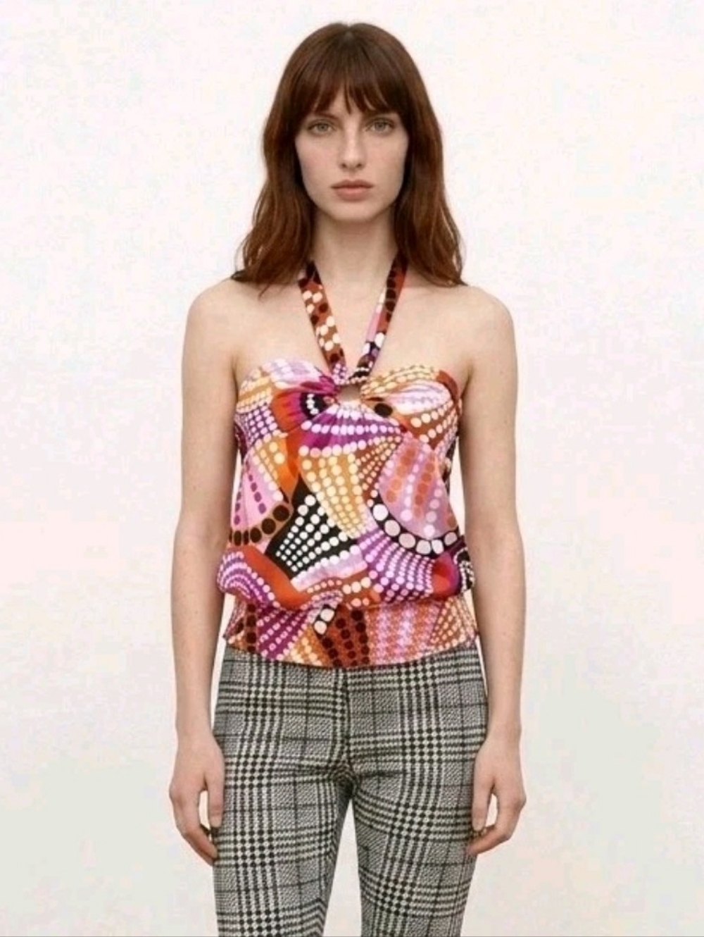 Vintage 90s Y2K Rampage Halter Top Pink Black Polka Dot Color Block Size Small